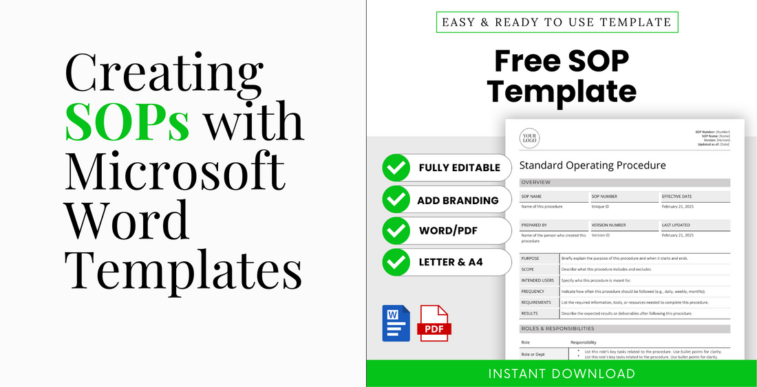 Visual promotion of a free SOP template in Word and PDF format, highlighting features like editable sections, branding options, and support for Letter and A4 sizes. Blog post for templates for SOP Word.