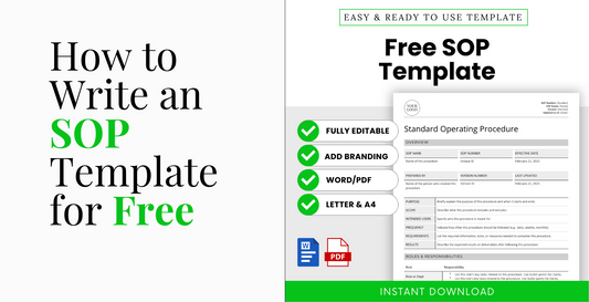 How to write an SOP template for free. Preview of a free, editable SOP template available in Word and PDF formats.
