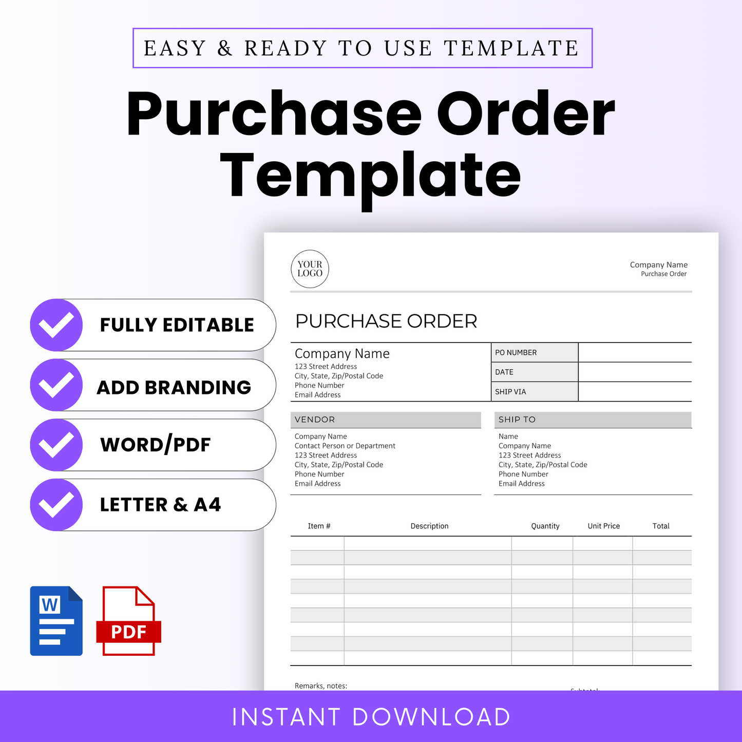 Purchase Order Template product image showcasing a clean, professional layout with fields for vendor info, PO number, itemized list, and shipping. Includes icons for Word and PDF, editable and printable in US Letter and A4 sizes.