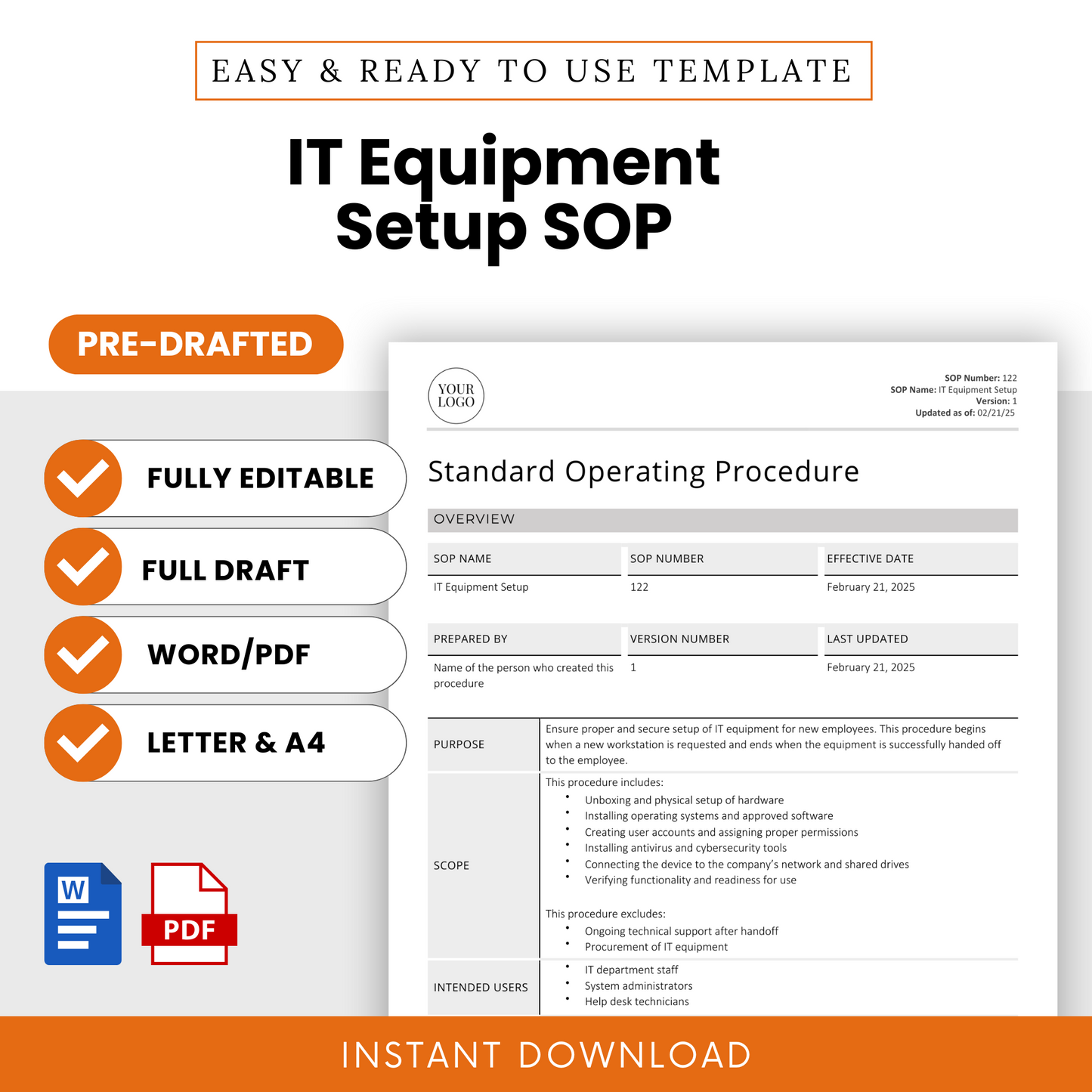 IT Equipment Setup SOP template promotional graphic. Features a preview of the standard operating procedure document, highlighting its purpose, scope, intended users, and requirements. The design emphasizes key features: fully editable, pre-drafted, available in Word and PDF formats, and offered in both Letter (8.5” x 11”) and A4 (8.27” x 11.69”) sizes. Icons for Microsoft Word and PDF indicate file formats.