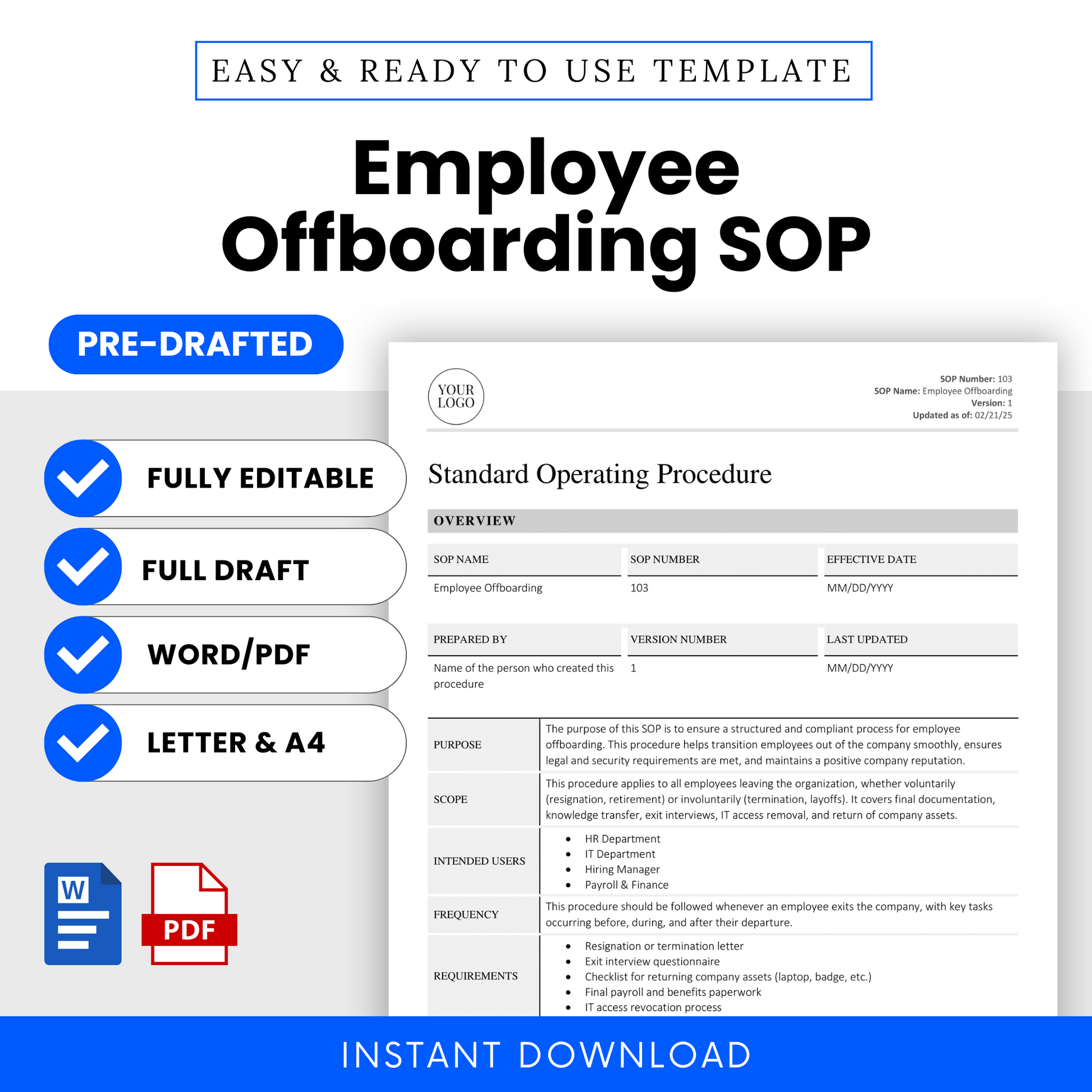 Feature image of the Employee Offboarding Standard Operating Procedure template highlighting key benefits like full draft, editable format, and compatibility with Word and PDF in both Letter and A4 sizes.