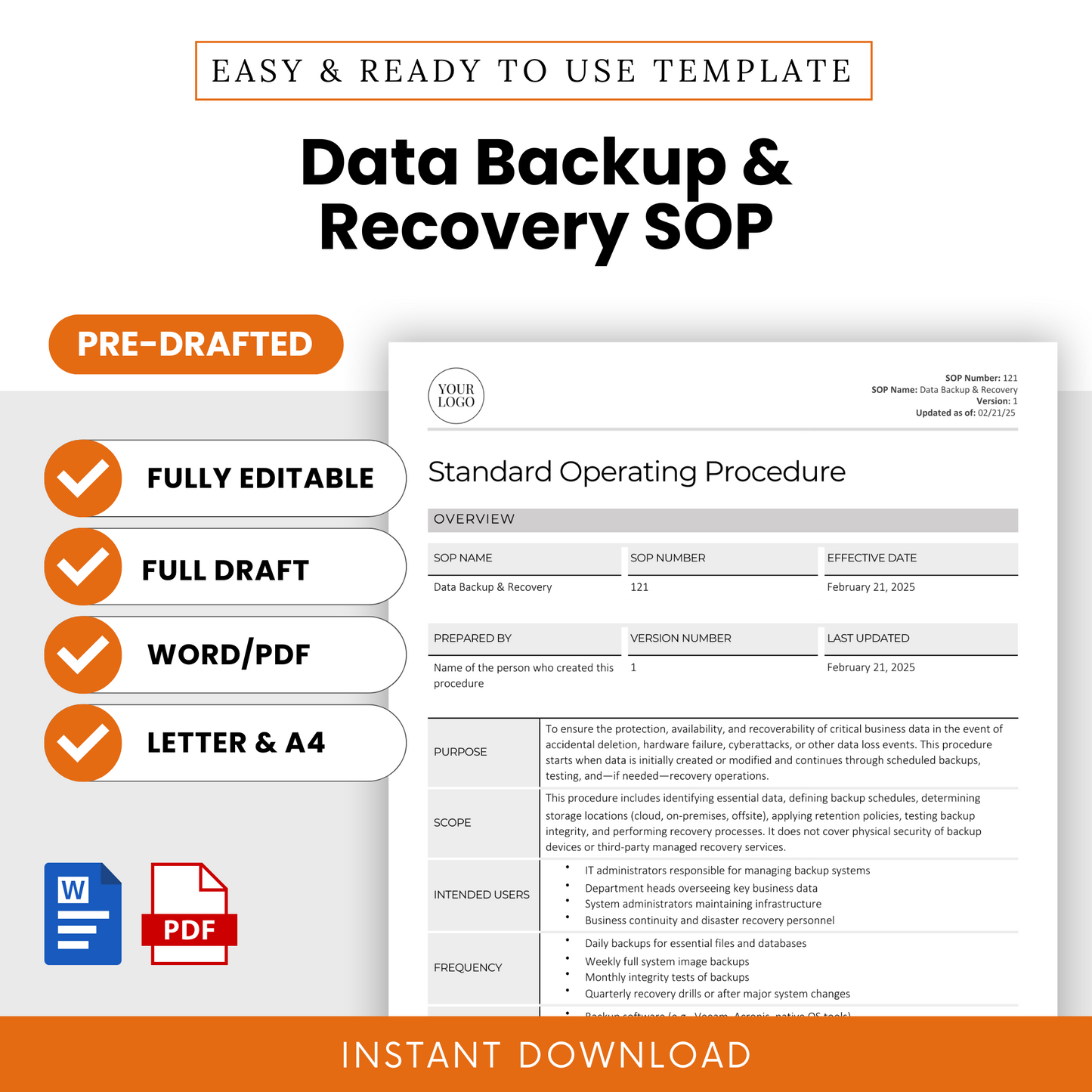 IT Disaster Recovery and Business Continuity Data Backup & Recovery SOP template promotional graphic. Features a preview of the standard operating procedure document, highlighting its purpose, scope, intended users, and requirements. The design emphasizes key features: fully editable, pre-drafted, available in Word and PDF formats, and offered in both Letter (8.5” x 11”) and A4 (8.27” x 11.69”) sizes. Icons for Microsoft Word and PDF indicate file formats.