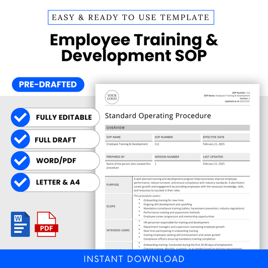 Employee Training & Development SOP template promotional graphic. Features a preview of the standard operating procedure document, highlighting its purpose, scope, intended users, and requirements. The design emphasizes key features: fully editable, pre-drafted, available in Word and PDF formats, and offered in both Letter (8.5” x 11”) and A4 (8.27” x 11.69”) sizes. Icons for Microsoft Word and PDF indicate file formats.