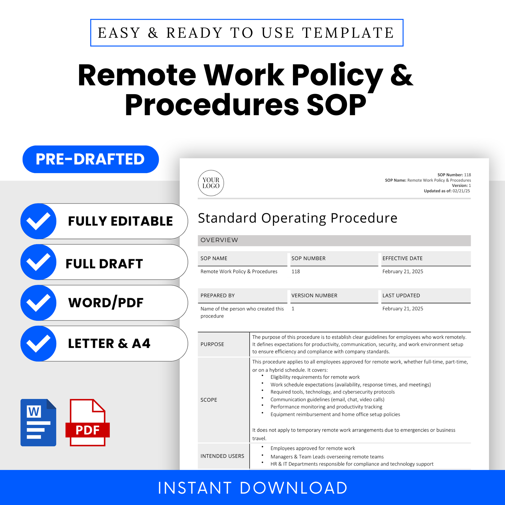 Remote Work Policy & Procedures SOP template promotional graphic. Features a preview of the standard operating procedure document, highlighting its purpose, scope, intended users, and requirements. The design emphasizes key features: fully editable, pre-drafted, available in Word and PDF formats, and offered in both Letter (8.5” x 11”) and A4 (8.27” x 11.69”) sizes. Icons for Microsoft Word and PDF indicate file formats.