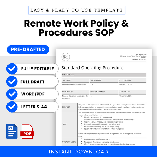 Remote Work Policy & Procedures SOP template promotional graphic. Features a preview of the standard operating procedure document, highlighting its purpose, scope, intended users, and requirements. The design emphasizes key features: fully editable, pre-drafted, available in Word and PDF formats, and offered in both Letter (8.5” x 11”) and A4 (8.27” x 11.69”) sizes. Icons for Microsoft Word and PDF indicate file formats.