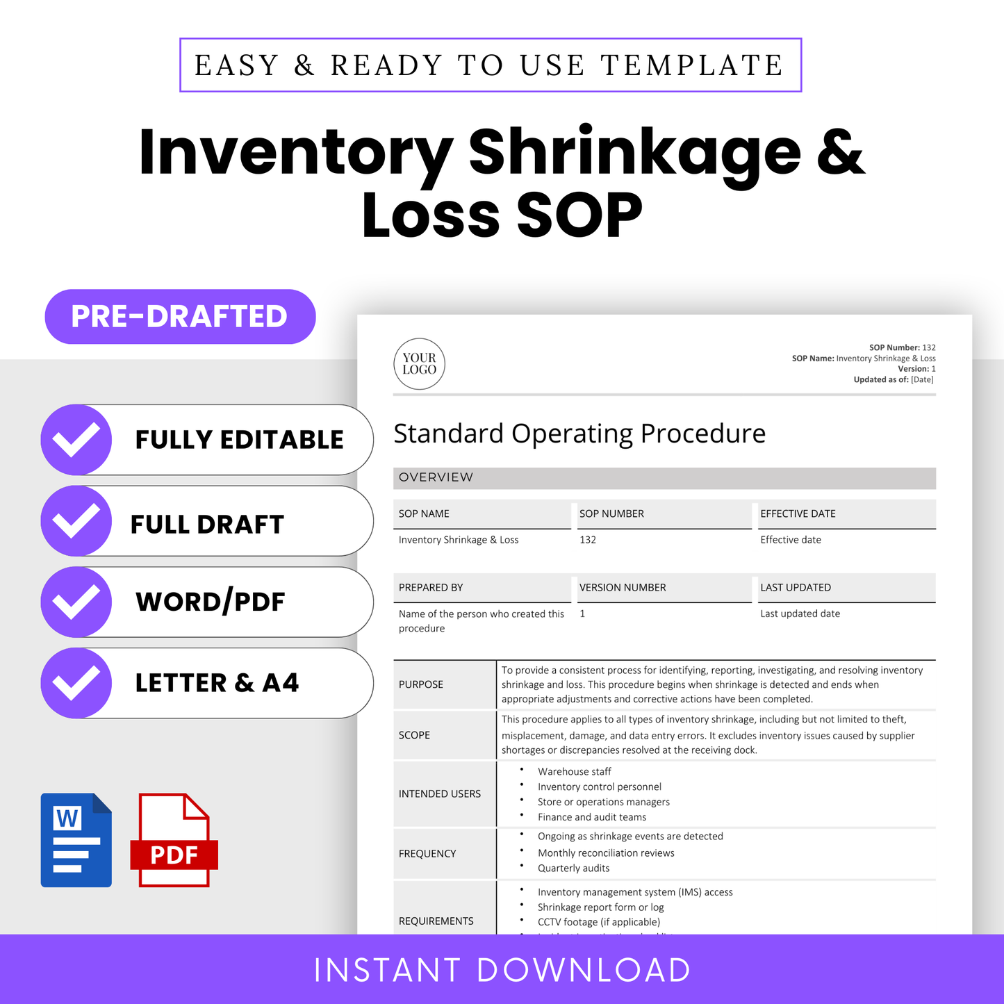 Editable Inventory Shrinkage & Loss SOP Template – Full pre-drafted Standard Operating Procedure for inventory and purchasing teams. Includes Word and PDF formats in US Letter and A4 sizes. Instant download for small businesses, warehouse managers, and operations teams.