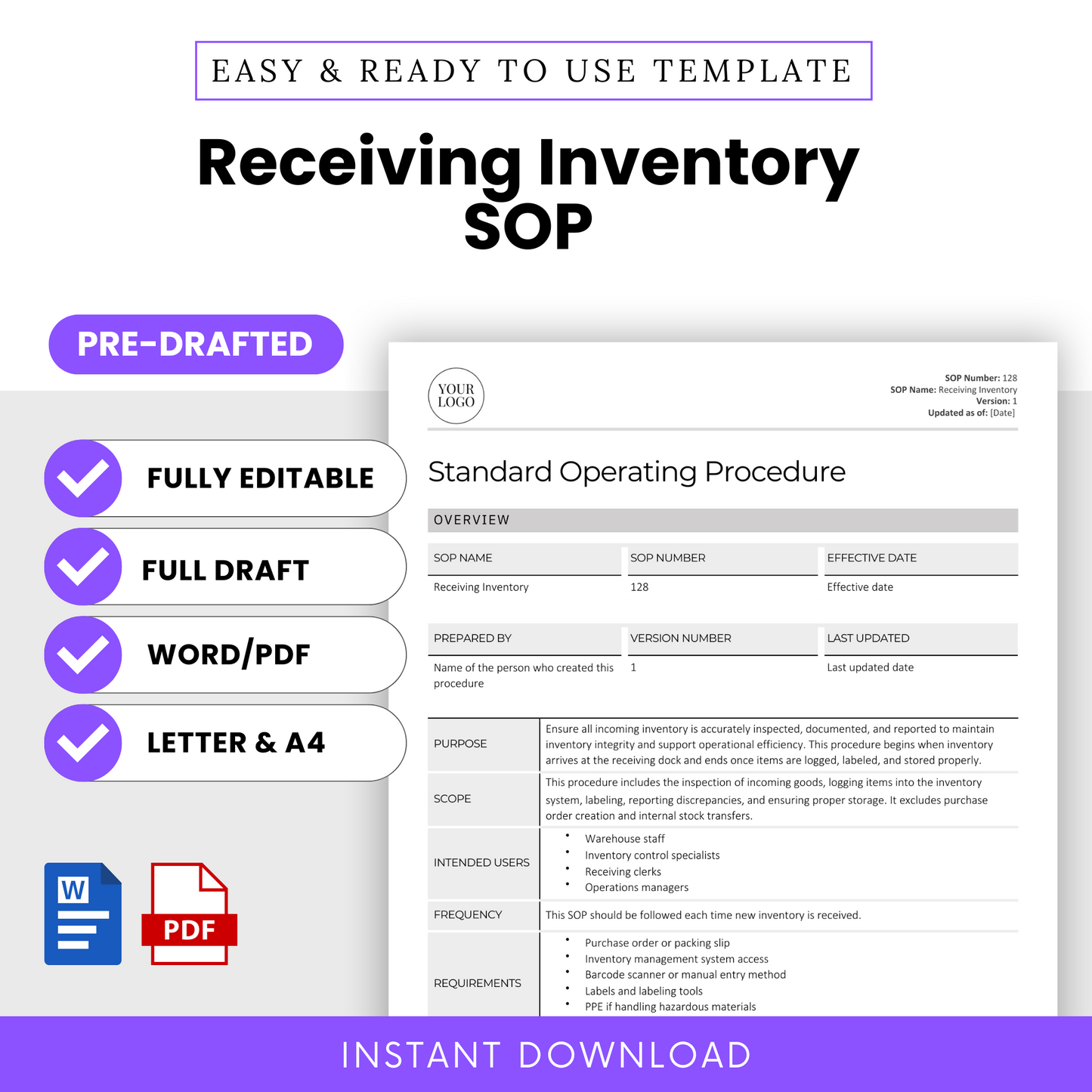 Simple SOP Template for Receiving Inventory – Fully editable Standard Operating Procedure (SOP) template in Word and PDF format. Pre-drafted for quick implementation, this SOP template is ideal for businesses in manufacturing, supply chain management, and operations. Designed to streamline document control, versioning, and compliance processes, this professional SOP template helps ensure regulatory adherence and efficient workflow documentation. Available in both Letter and A4 sizes.