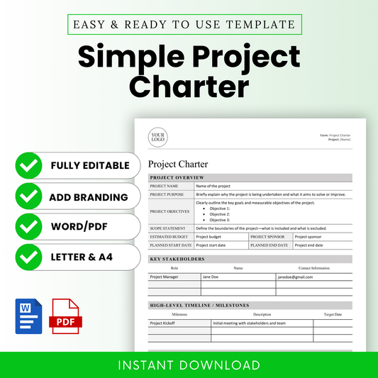 Editable “Simple Project Charter” template shown with features like Word/PDF formats, branding options, and compatibility with Letter & A4 sizes.