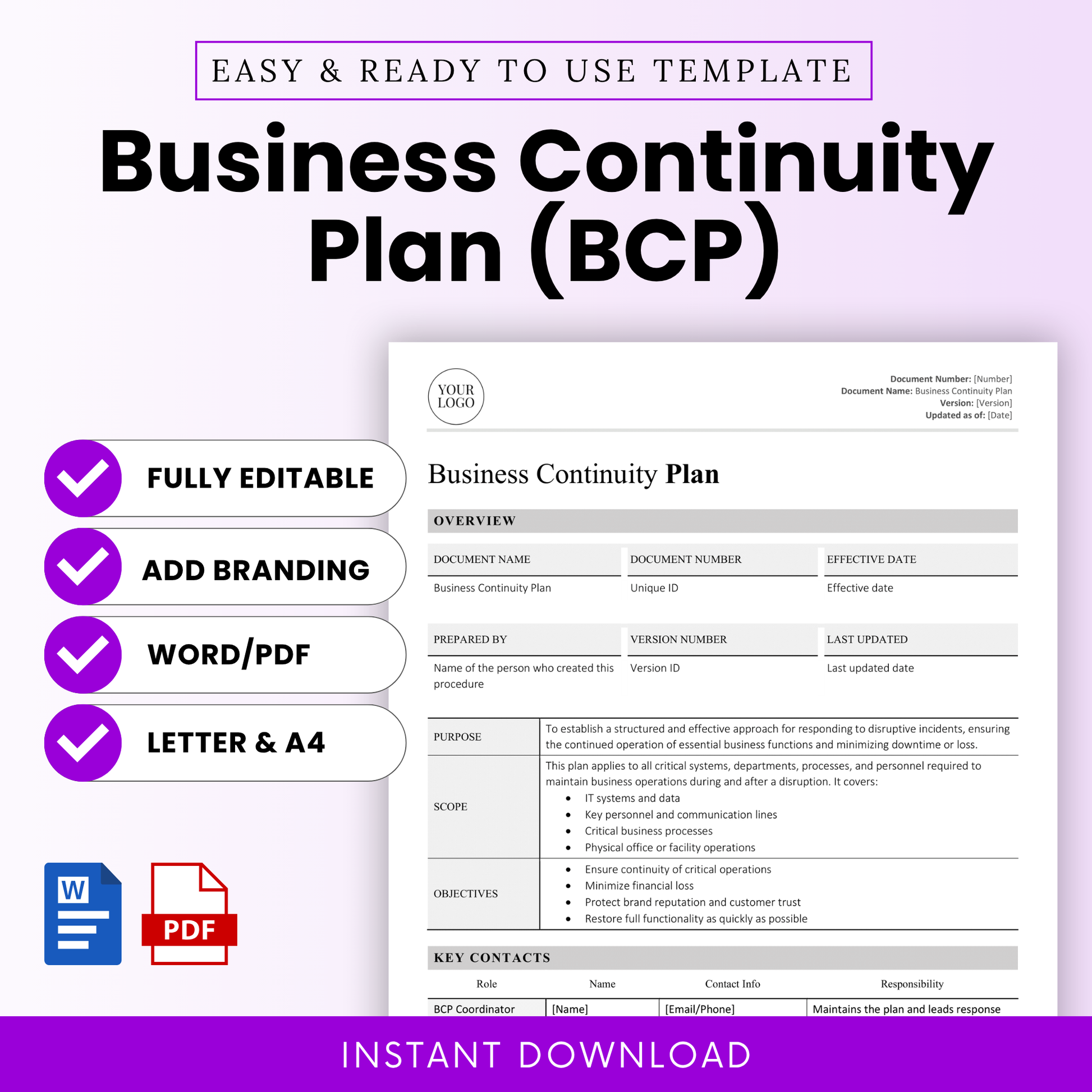 Business Continuity Plan template mockup showing editable features including Word and PDF formats, branding options, and letter & A4 sizes, with a clean layout preview.