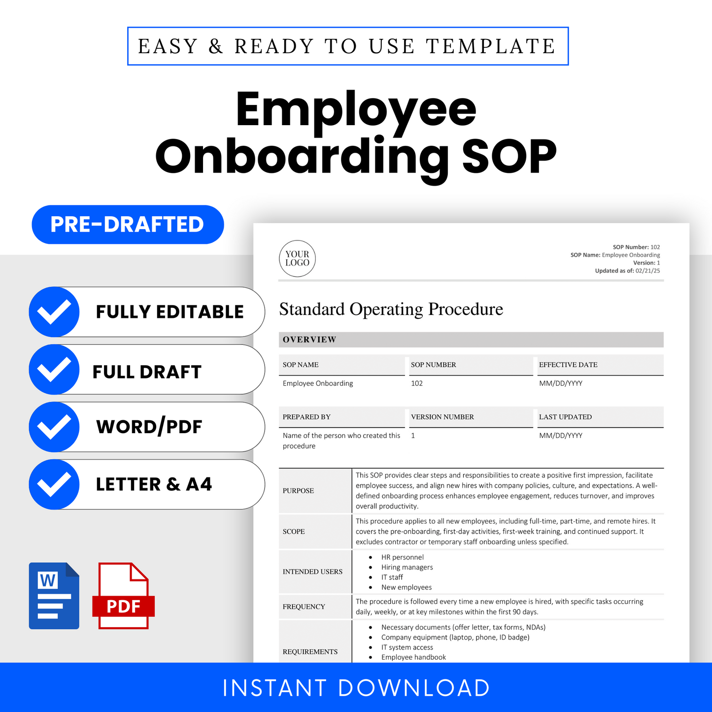 Employee Onboarding SOP template with features listed on a white background: fully editable, full draft, Word and PDF formats, US Letter and A4 sizes.