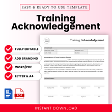 Training Acknowledgement template displayed with editable fields for employee name, training title, date, trainer, and signature section; available in Word/PDF formats and both Letter and A4 sizes.