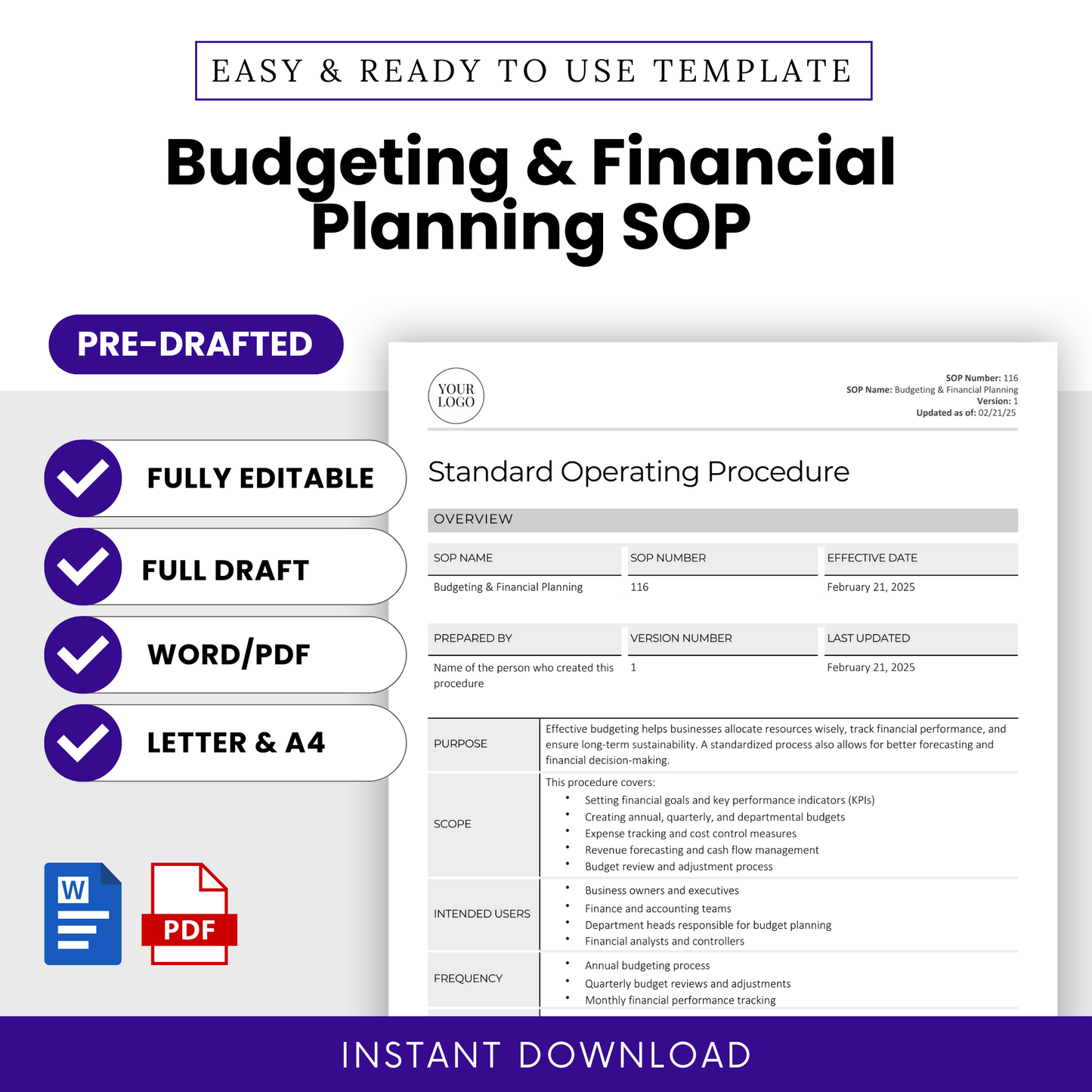 Budgeting & Financial Planning SOP template promotional graphic. Features a preview of the standard operating procedure document, highlighting its purpose, scope, intended users, and requirements. The design emphasizes key features: fully editable, pre-drafted, available in Word and PDF formats, and offered in both Letter (8.5” x 11”) and A4 (8.27” x 11.69”) sizes. Icons for Microsoft Word and PDF indicate file formats.