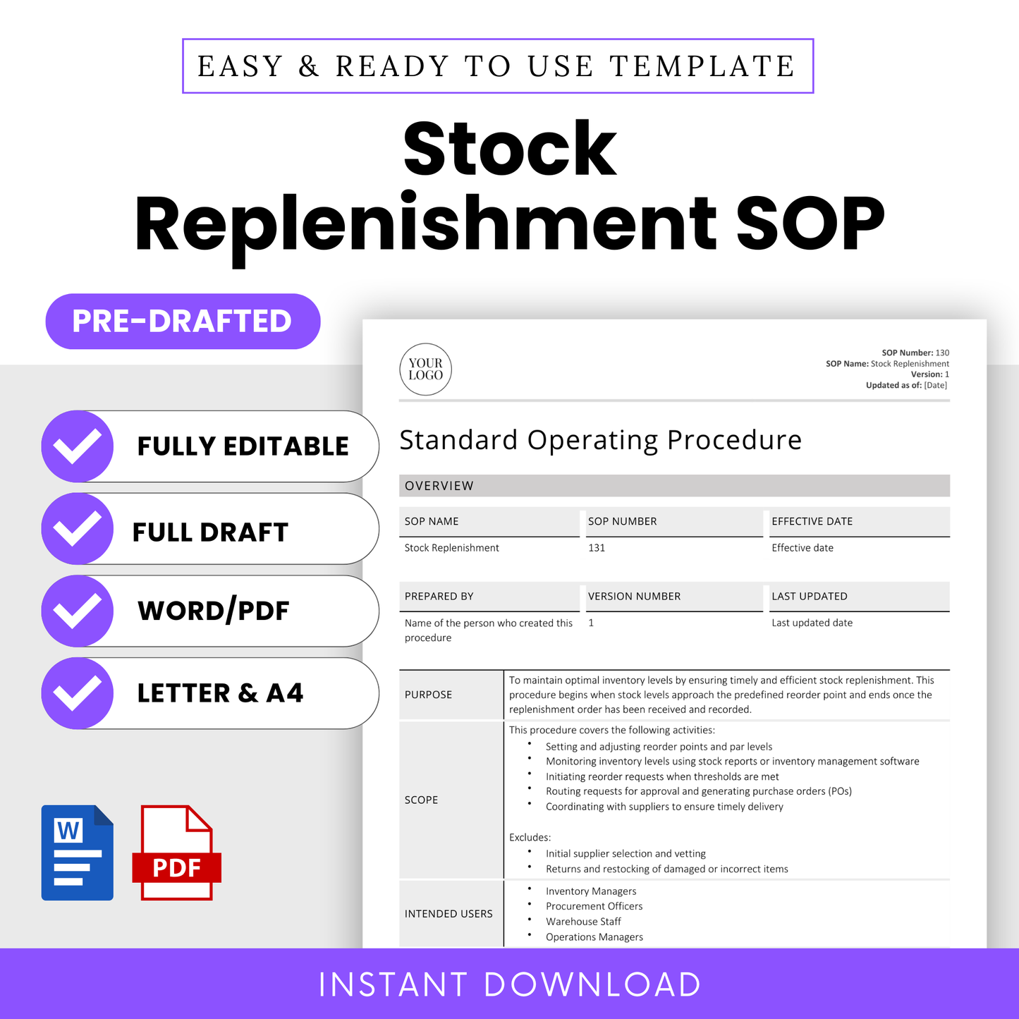 Editable Stock Replenishment SOP Template – Full pre-drafted Standard Operating Procedure for inventory and purchasing teams. Includes Word and PDF formats in US Letter and A4 sizes. Instant download for small businesses, warehouse managers, and operations teams.