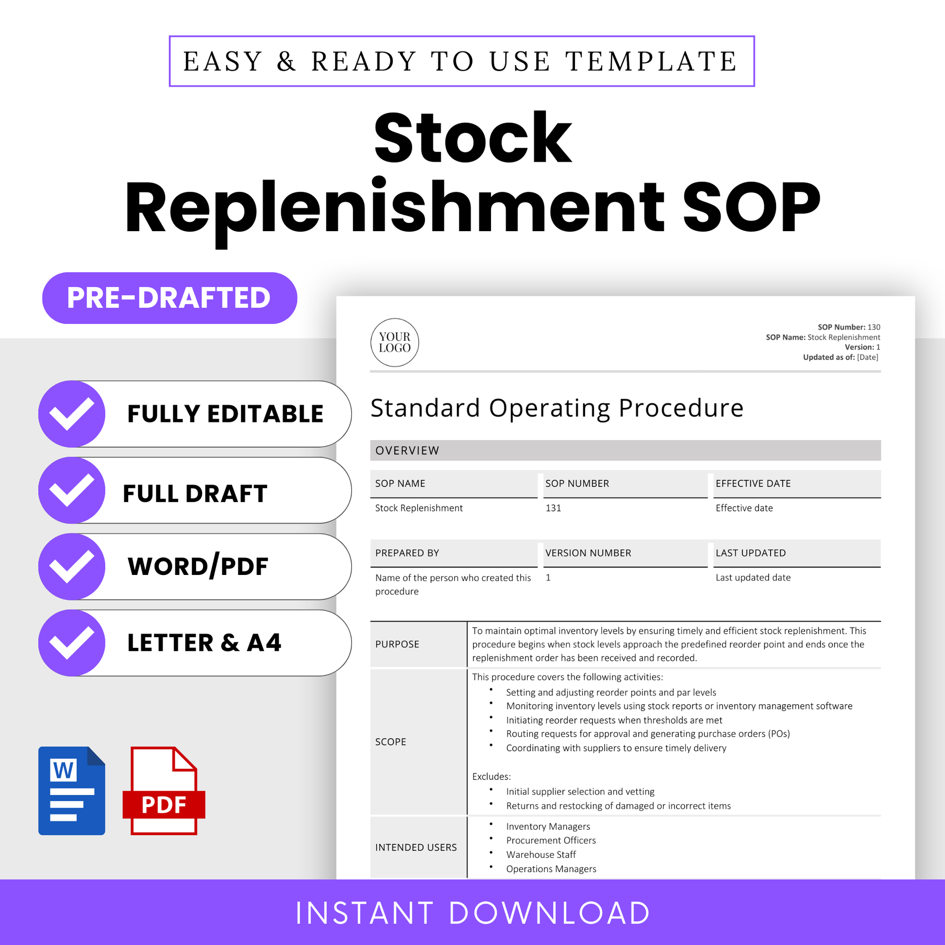 Editable Stock Replenishment SOP Template – Full pre-drafted Standard Operating Procedure for inventory and purchasing teams. Includes Word and PDF formats in US Letter and A4 sizes. Instant download for small businesses, warehouse managers, and operations teams.