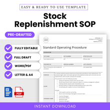 Editable Stock Replenishment SOP Template – Full pre-drafted Standard Operating Procedure for inventory and purchasing teams. Includes Word and PDF formats in US Letter and A4 sizes. Instant download for small businesses, warehouse managers, and operations teams.