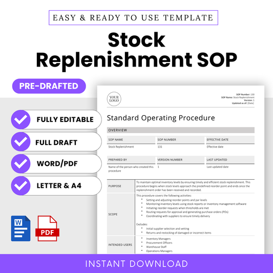 Editable Stock Replenishment SOP Template – Full pre-drafted Standard Operating Procedure for inventory and purchasing teams. Includes Word and PDF formats in US Letter and A4 sizes. Instant download for small businesses, warehouse managers, and operations teams.
