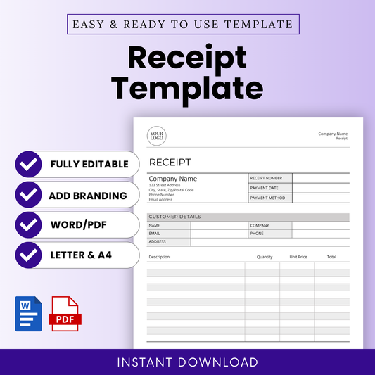 Editable Receipt Template for small businesses and freelancers. Includes fields for company info, customer details, payment date, method, itemized table, and total. Available in Word and PDF formats, US Letter and A4 sizes. Fully editable and ready for instant download.
