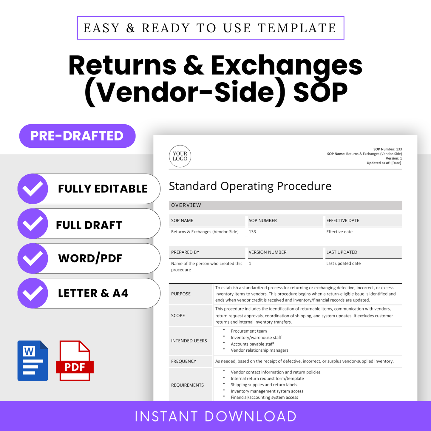 Editable Returns & Exchanges (Vendor-Side) SOP Template – Full pre-drafted Standard Operating Procedure for inventory and purchasing teams. Includes Word and PDF formats in US Letter and A4 sizes. Instant download for small businesses, warehouse managers, and operations teams.