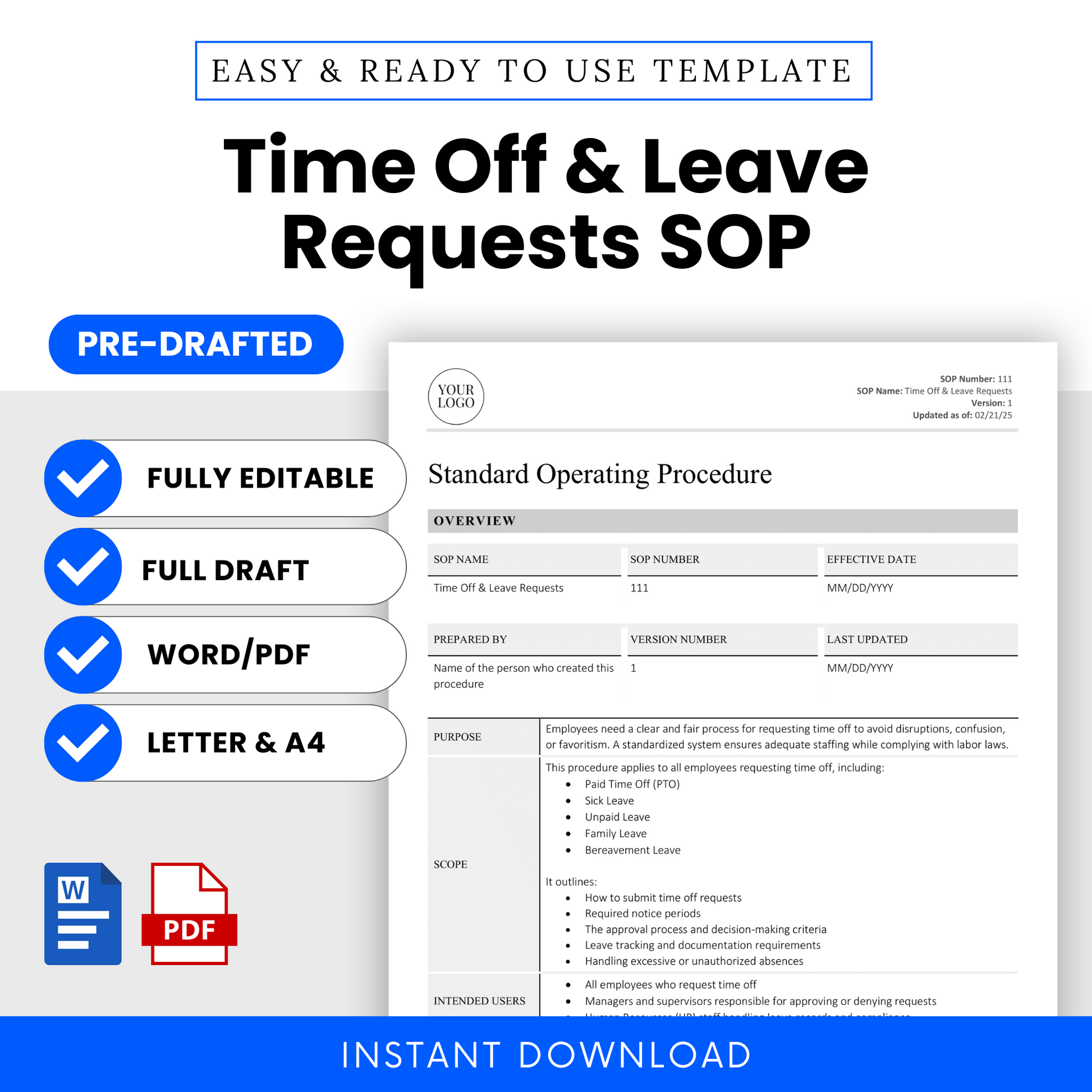 Pre-drafted Time Off & Leave Requests SOP template with editing options on a white background