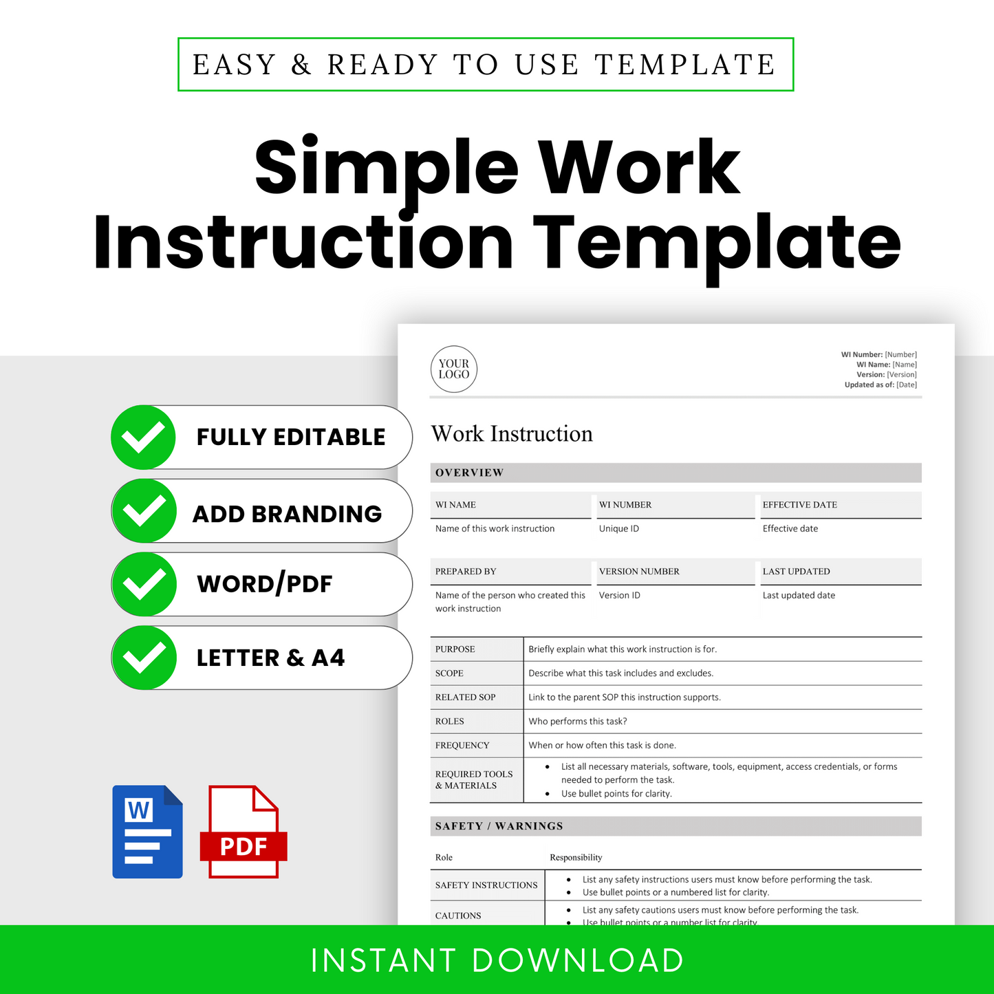 Professional layout showing a “Simple Work Instruction Template” with features like full editability, Word/PDF formats, brand customization, and Letter & A4 compatibility.