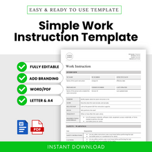 Professional layout showing a “Simple Work Instruction Template” with features like full editability, Word/PDF formats, brand customization, and Letter & A4 compatibility.