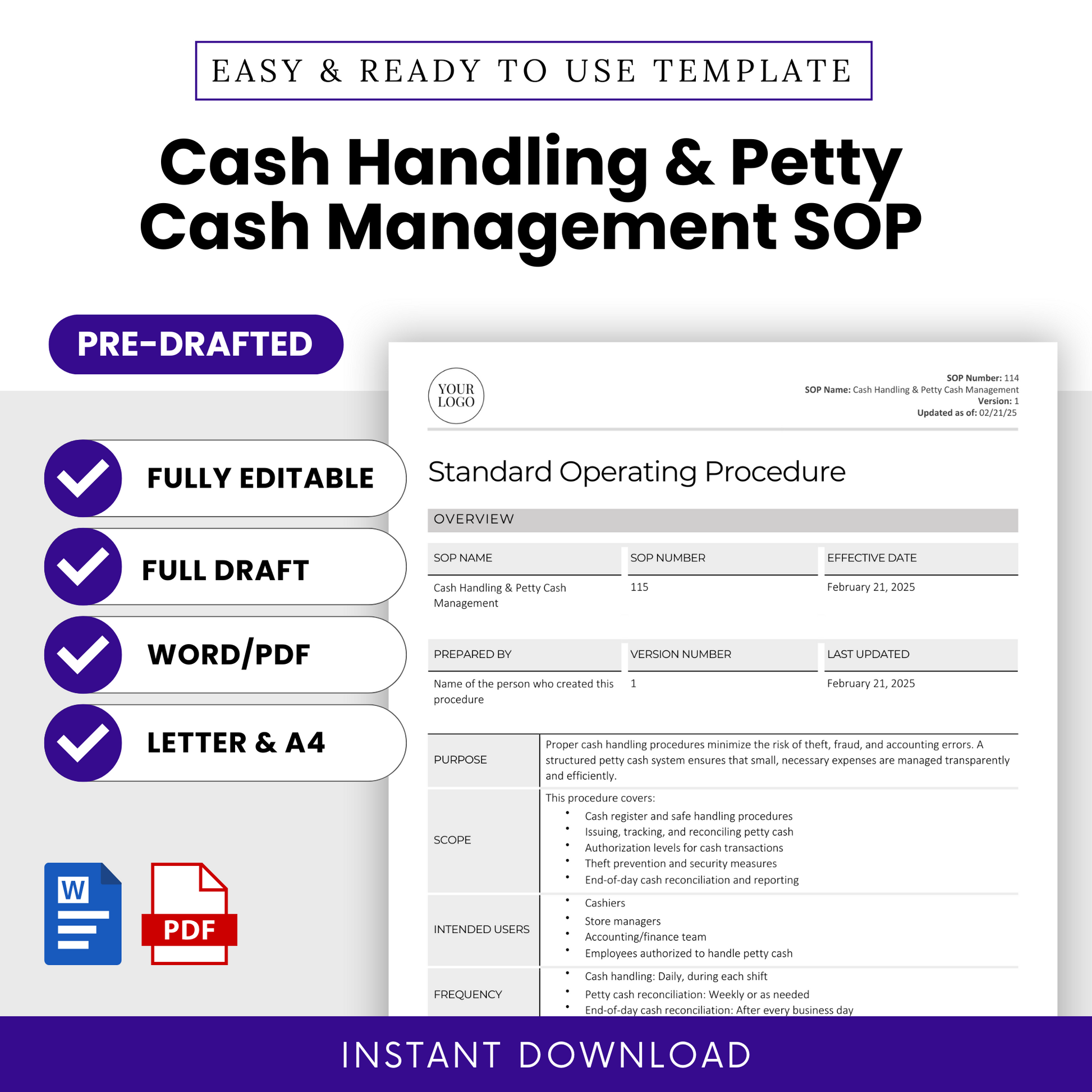 Cash Handling & Petty Cash Management SOP template promotional graphic. Features a preview of the standard operating procedure document, highlighting its purpose, scope, intended users, and requirements. The design emphasizes key features: fully editable, pre-drafted, available in Word and PDF formats, and offered in both Letter (8.5” x 11”) and A4 (8.27” x 11.69”) sizes. Icons for Microsoft Word and PDF indicate file formats.