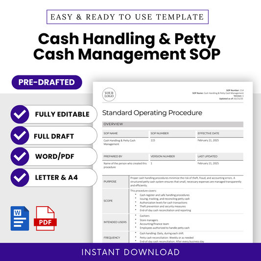 Cash Handling & Petty Cash Management SOP template promotional graphic. Features a preview of the standard operating procedure document, highlighting its purpose, scope, intended users, and requirements. The design emphasizes key features: fully editable, pre-drafted, available in Word and PDF formats, and offered in both Letter (8.5” x 11”) and A4 (8.27” x 11.69”) sizes. Icons for Microsoft Word and PDF indicate file formats.
