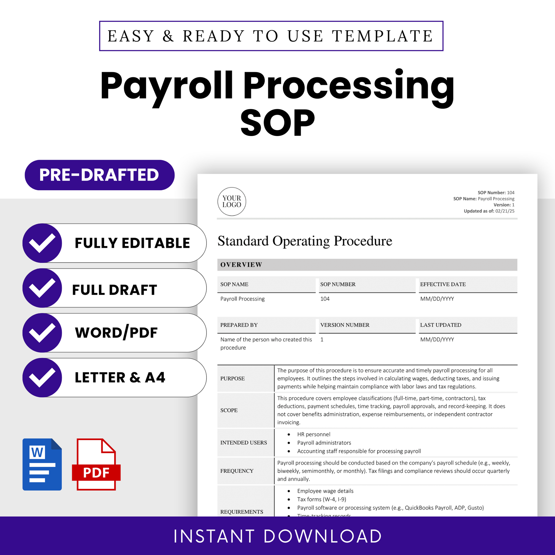Feature image displaying the Payroll Processing Standard Operating Procedure template, highlighting it as a fully editable, full-draft document available in Word and PDF formats for instant download.