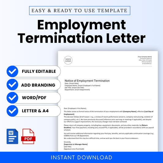 Employment Termination Letter template with editable Word and PDF formats, branding option, and Letter/A4 sizes shown with a preview of the form and instant download icons.