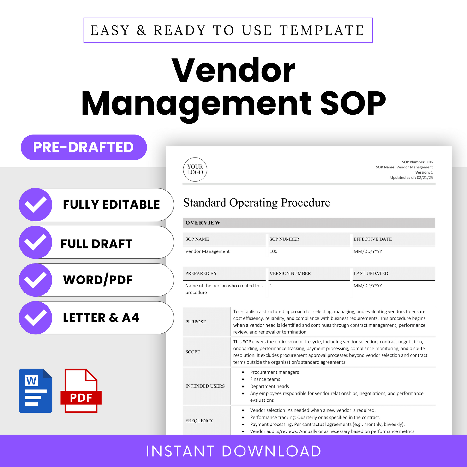 Cover image of the SOP template highlighting its editable format, full pre-drafted content, and availability in both Word and PDF formats for instant download.