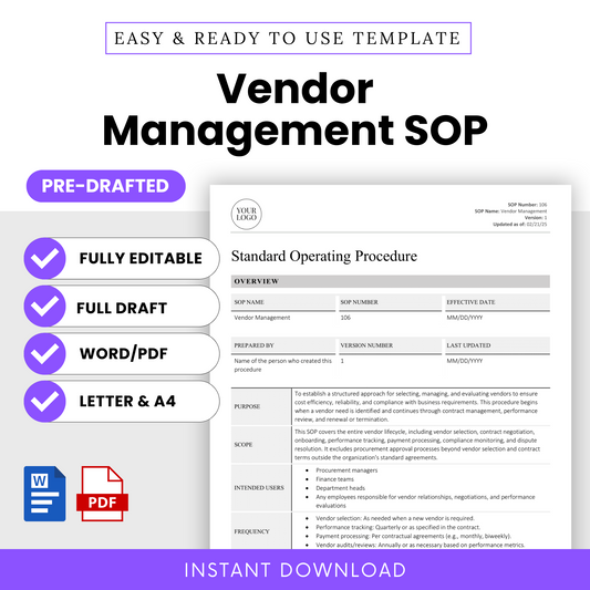 Cover image of the SOP template highlighting its editable format, full pre-drafted content, and availability in both Word and PDF formats for instant download.