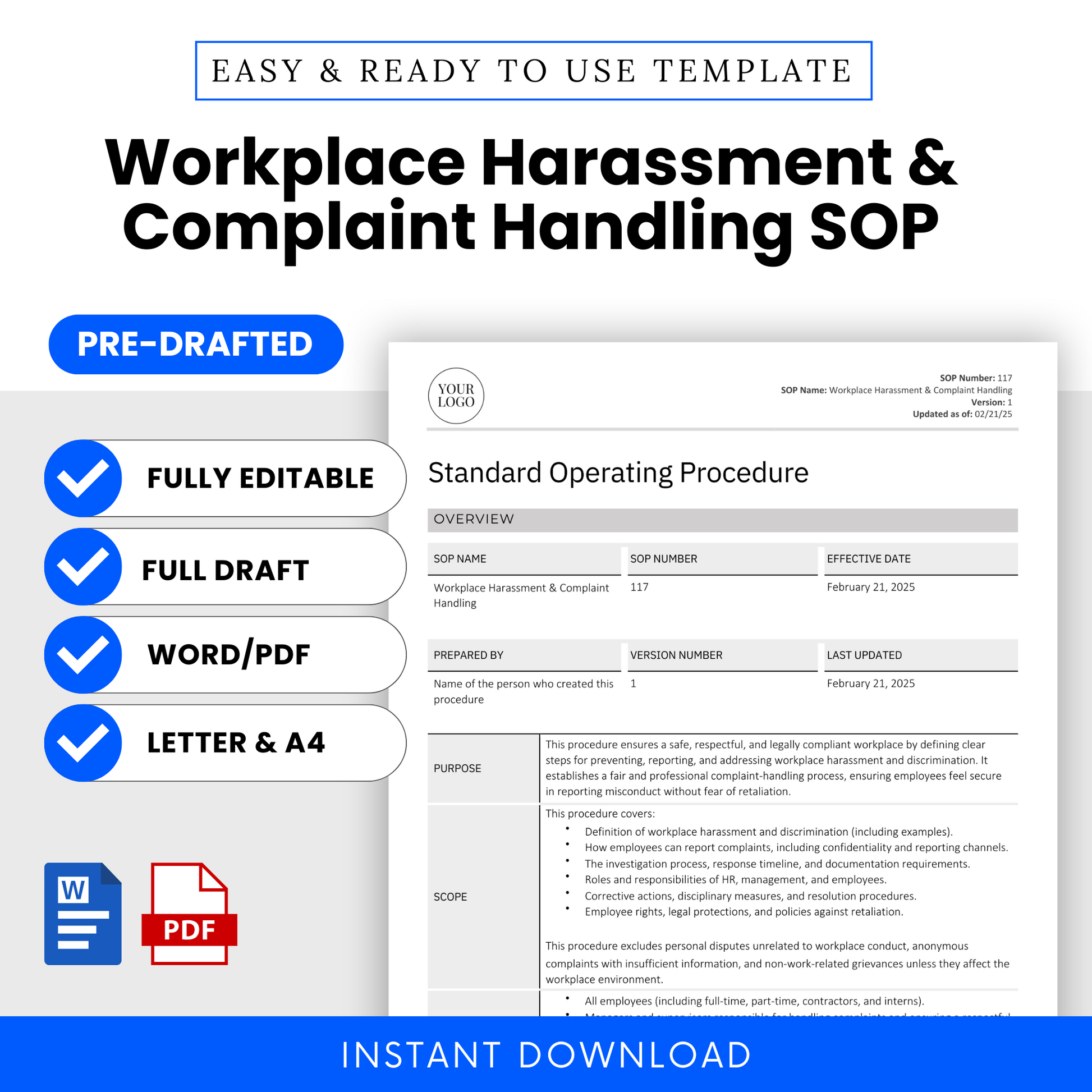 Workplace Harassment & Complaint Handling SOP template promotional graphic. Features a preview of the standard operating procedure document, highlighting its purpose, scope, intended users, and requirements. The design emphasizes key features: fully editable, pre-drafted, available in Word and PDF formats, and offered in both Letter (8.5” x 11”) and A4 (8.27” x 11.69”) sizes. Icons for Microsoft Word and PDF indicate file formats.