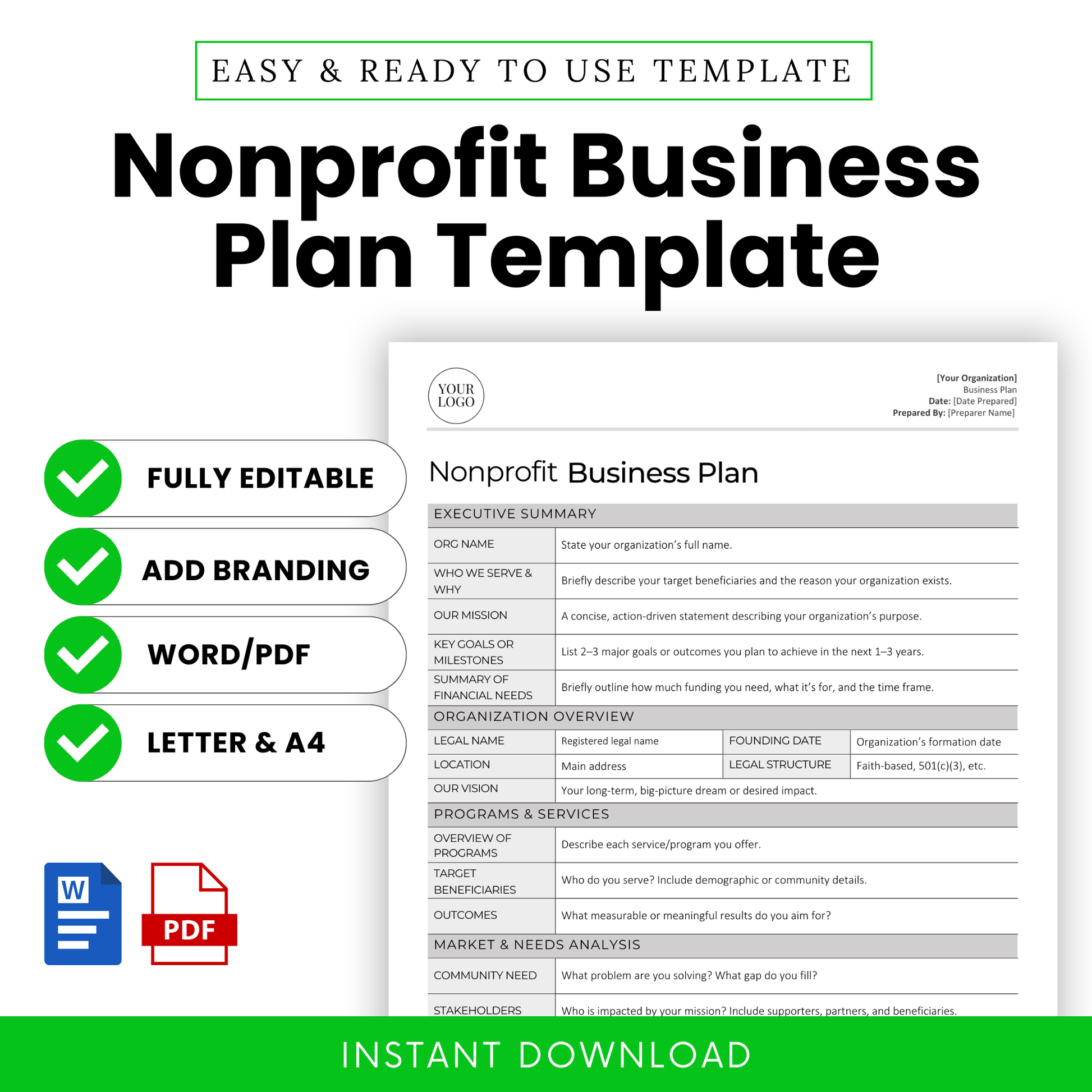 Nonprofit Business Plan Template cover image with checklist showing features: fully editable, add branding, Word/PDF formats, Letter and A4 sizes. Display includes a preview of the template with labeled fields such as mission, goals, and financial needs.
