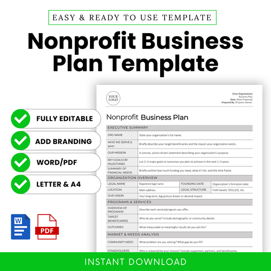 Nonprofit Business Plan Template cover image with checklist showing features: fully editable, add branding, Word/PDF formats, Letter and A4 sizes. Display includes a preview of the template with labeled fields such as mission, goals, and financial needs.