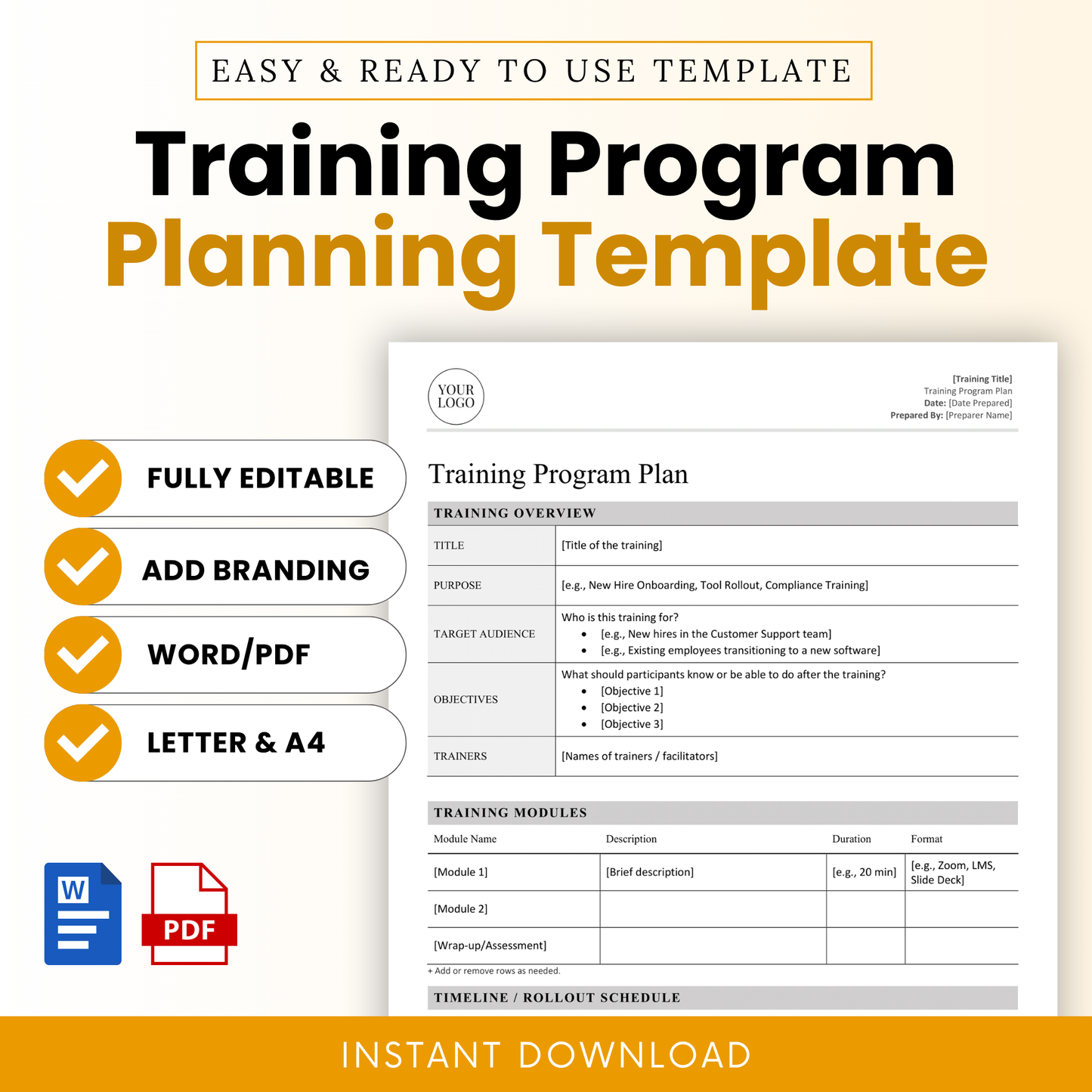 Training Program Planning Template in Word and PDF formats with editable and brandable features, shown with a clean layout for Letter and A4 sizes.