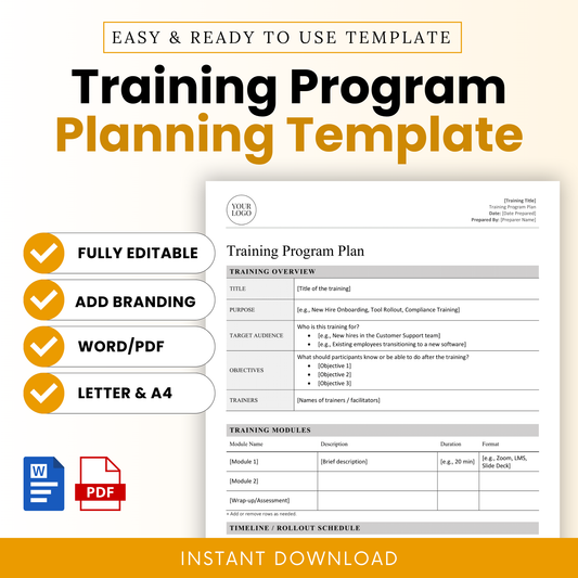 Training Program Planning Template in Word and PDF formats with editable and brandable features, shown with a clean layout for Letter and A4 sizes.