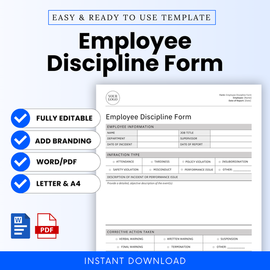 Employee Discipline Form template preview with editable features, Word and PDF formats, branding option, and letter/A4 sizes – shown with form mockup and instant download icons.
