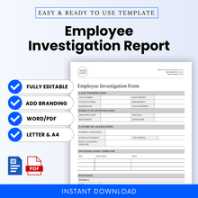 Professional image preview of a fully editable “Employee Investigation Report” form template, available in Word and PDF formats, suitable for Letter and A4 sizes.