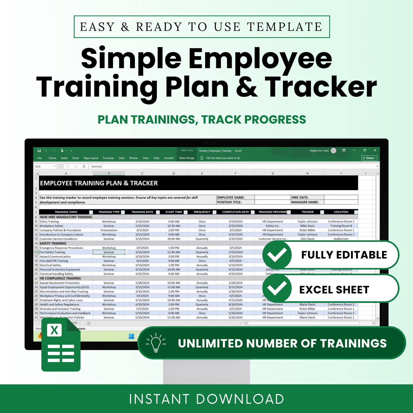 Simple Employee Training Plan & Tracker Template (MS Excel, Google Sheets) | Employee Training Program Management, Staff Training Plan