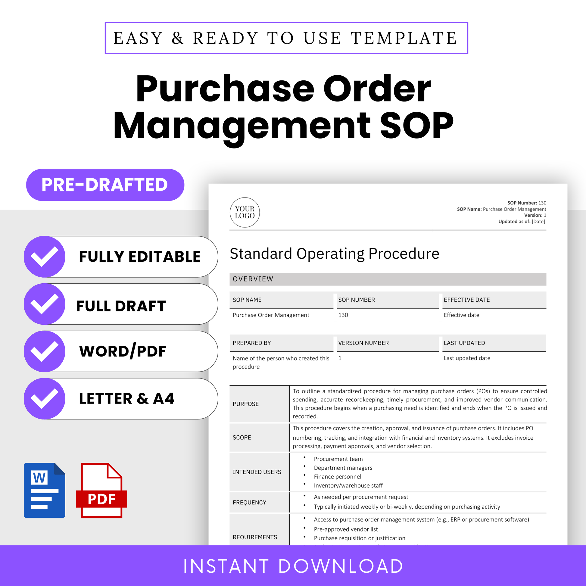 Editable Purchase Order Management SOP Template for Small Business, Operations Manager, or Procurement Team – Pre-Written Standard Operating Procedure for Purchasing Process – Instant Download in Word and PDF – Business Process Documentation Template – Includes Full Draft, Approval Workflow, PO Tracking, Vendor Communication, and Inventory Integration – Letter and A4 Sizes – Ideal for Retail, E-commerce, Construction, Manufacturing, and Office Admins