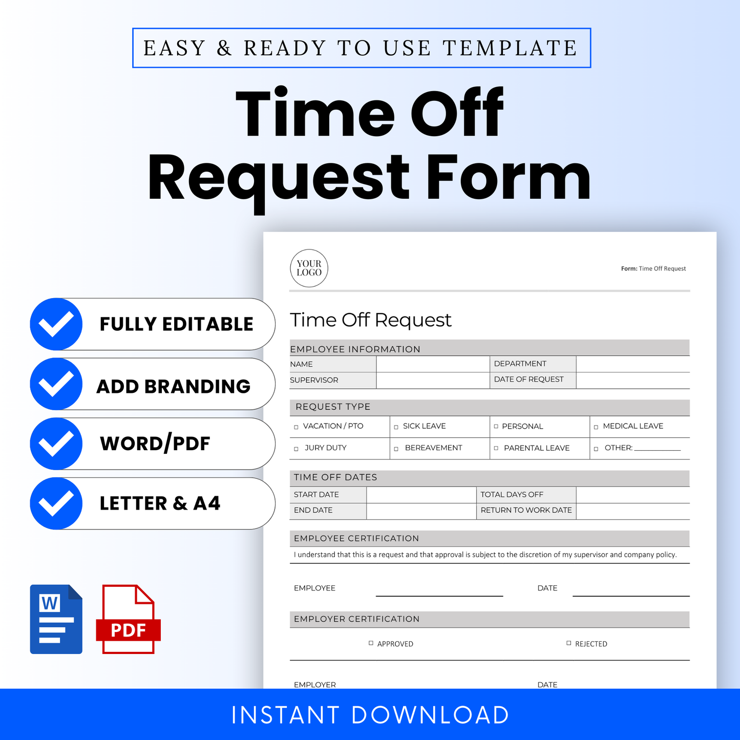 Simple Time Off Request Form template preview showing editable sections for employee information, leave type, and approval with icons for Word, PDF, branding, and Letter/A4 sizes.