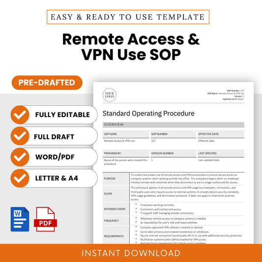 Remote Access & VPN Use SOP Template for businesses and IT departments – a pre-written standard operating procedure to streamline access management and enforce security protocols.
Downloadable in Word and PDF formats, compatible with Letter and A4 sizes.
Ideal for IT managers, compliance officers, HR teams, system administrators, and small business owners seeking to meet cybersecurity, data privacy, risk management, and audit compliance requirements.