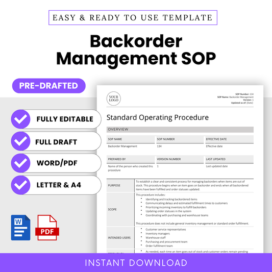 Backorder Management SOP Template – Full pre-drafted Standard Operating Procedure for inventory and purchasing teams. Includes Word and PDF formats in US Letter and A4 sizes. Instant download for small businesses, warehouse managers, and operations teams.