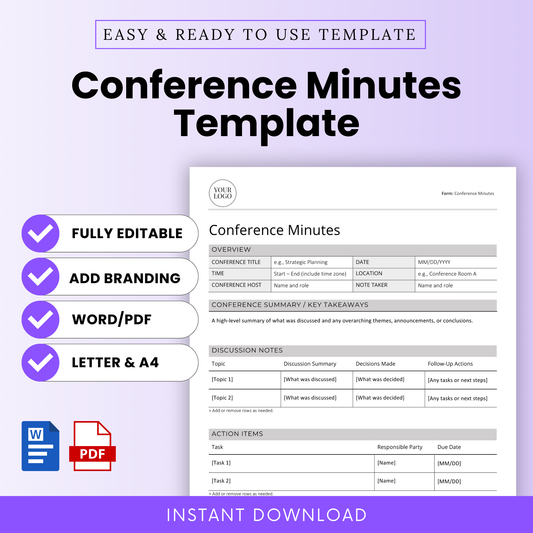 Editable Conference Minutes Template for Word and PDF. Includes sections for conference title, date, location, host, note taker, summary, discussion notes, action items, and additional notes. Available in US Letter and A4 sizes. Instant download for business or event documentation.