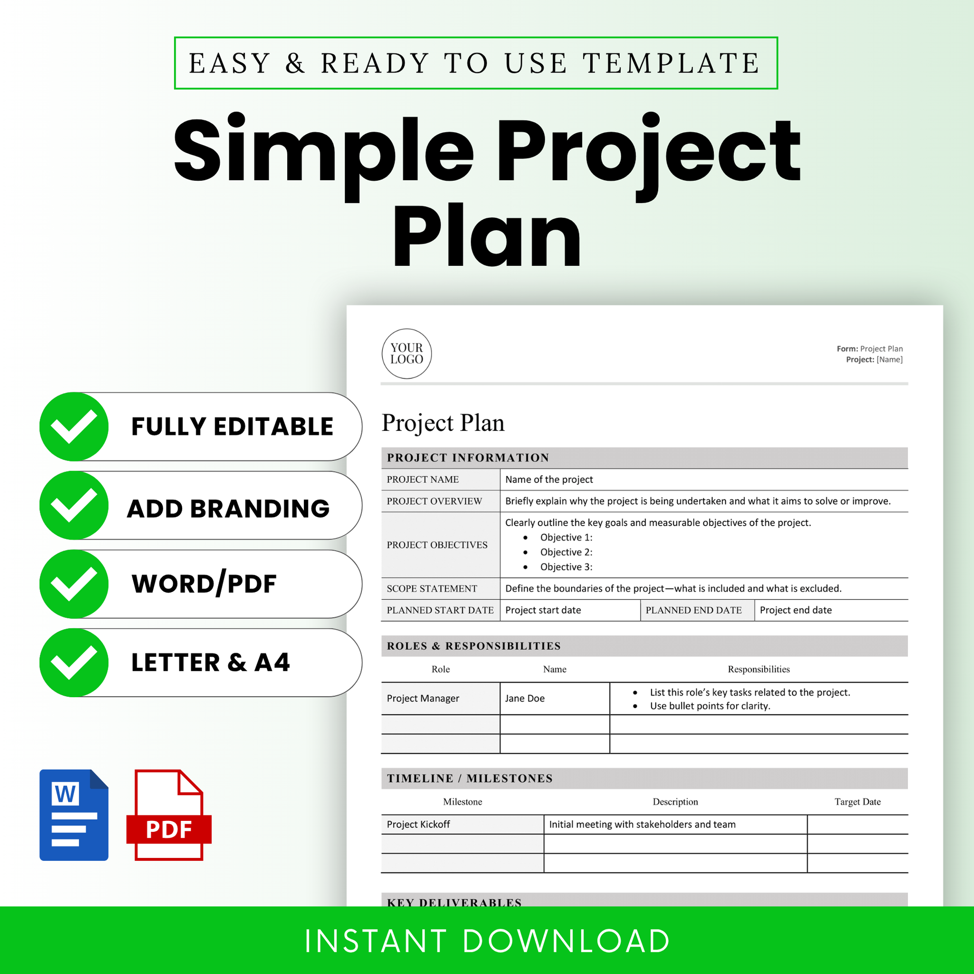Simple Project Plan Template mockup featuring editable fields for project planning, available in Word and PDF formats, with Letter and A4 size options.