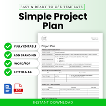 Simple Project Plan Template mockup featuring editable fields for project planning, available in Word and PDF formats, with Letter and A4 size options.