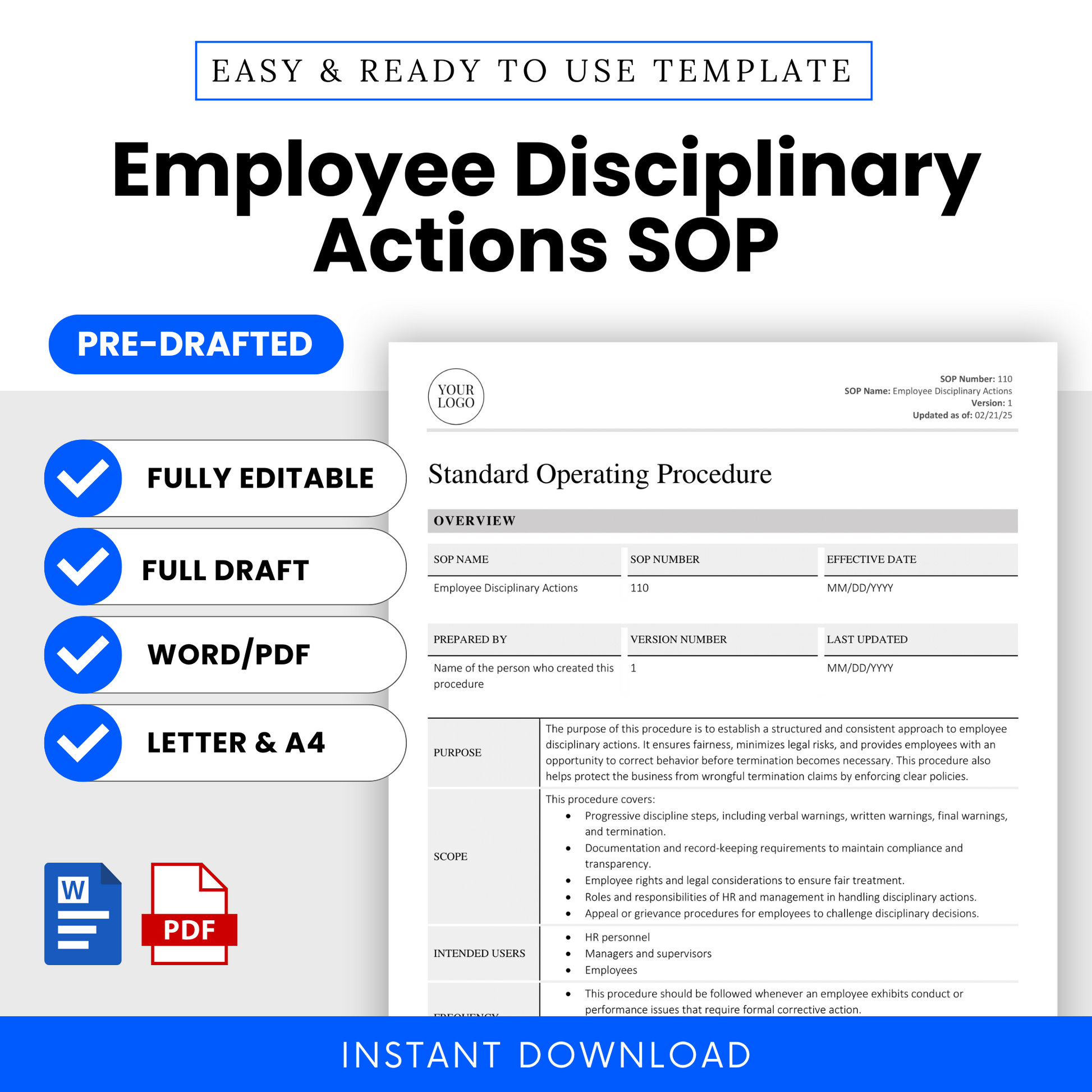Cover image showcasing the Employee Disciplinary SOP template with editable Word/PDF formats and available in US Letter and A4 sizes