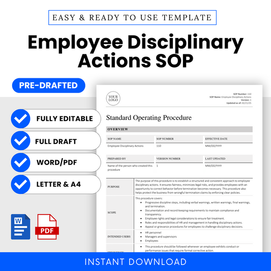 Cover image showcasing the Employee Disciplinary SOP template with editable Word/PDF formats and available in US Letter and A4 sizes