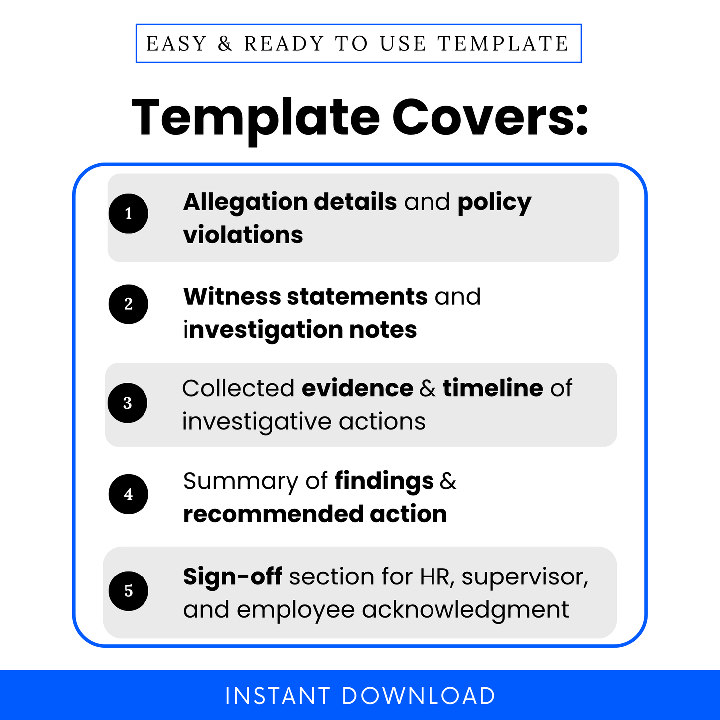 Infographic outlining key template features of the Employee Investigation Report template: allegation details, witness statements, evidence and timeline, findings and action summary, and sign-off section.