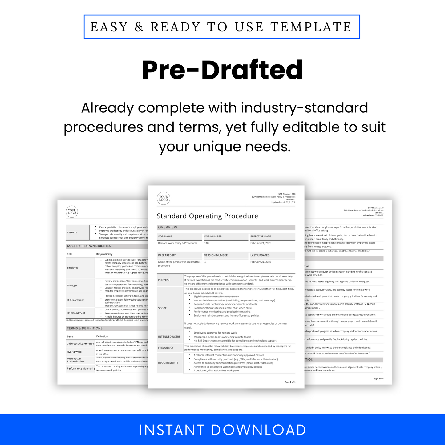 Remote Work Policy & Procedure SOP template promotional graphic. Showcases a pre-written, industry-standard document with structured procedures and terms. The image includes a document preview highlighting key sections such as roles and responsibilities, terms and definitions, and procedure steps. The design emphasizes full editability to suit business needs. A purple 'Instant Download' banner at the bottom indicates immediate access upon purchase.